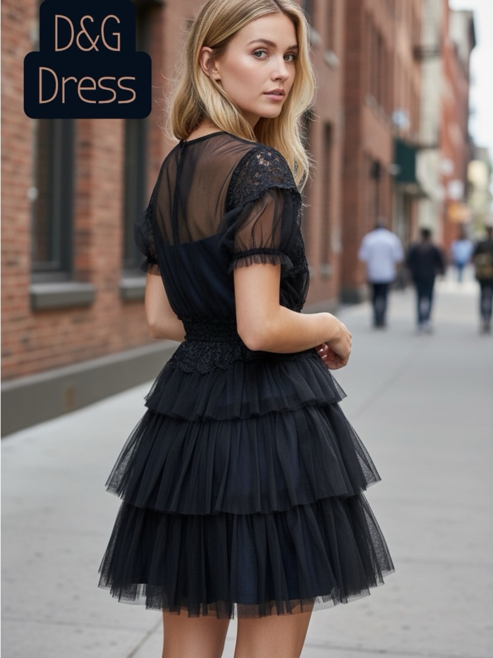 D&G Black Lace & Tulle Tiered Mini' Dress Size Small